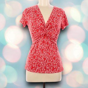 Lands’ End Women’s Red Orange Boho V-Neck Floral Blouse Shirt Top Size L